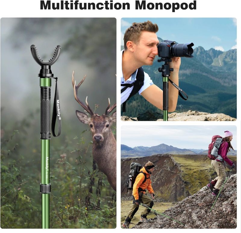 Manbily Shooting Monopod for Hunting, Aluminum Stand with U Shaped Rest Head and Walking Stick Handle, up to 68 inch-Green (No Base)