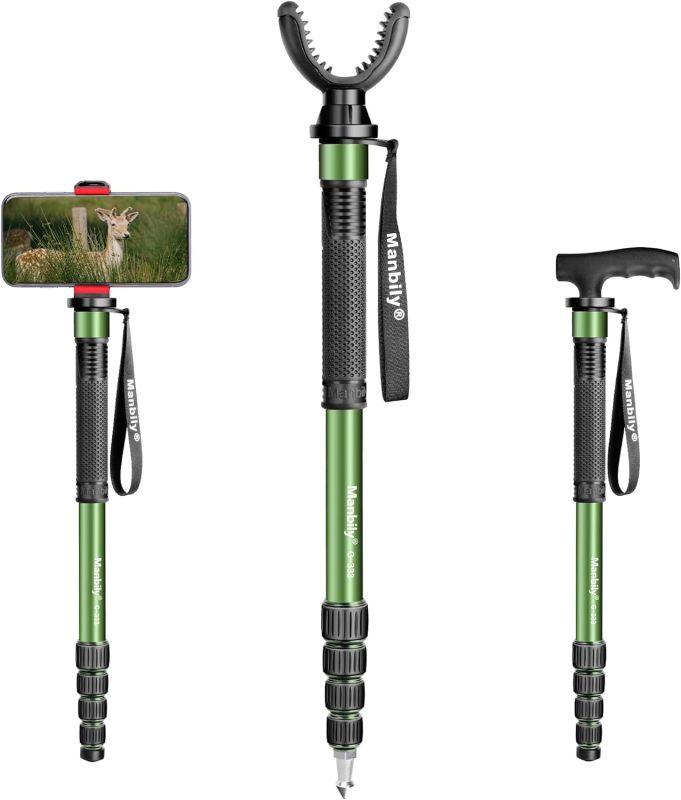 Manbily Shooting Monopod for Hunting, Aluminum Stand with U Shaped Rest Head and Walking Stick Handle, up to 68 inch-Green (No Base)