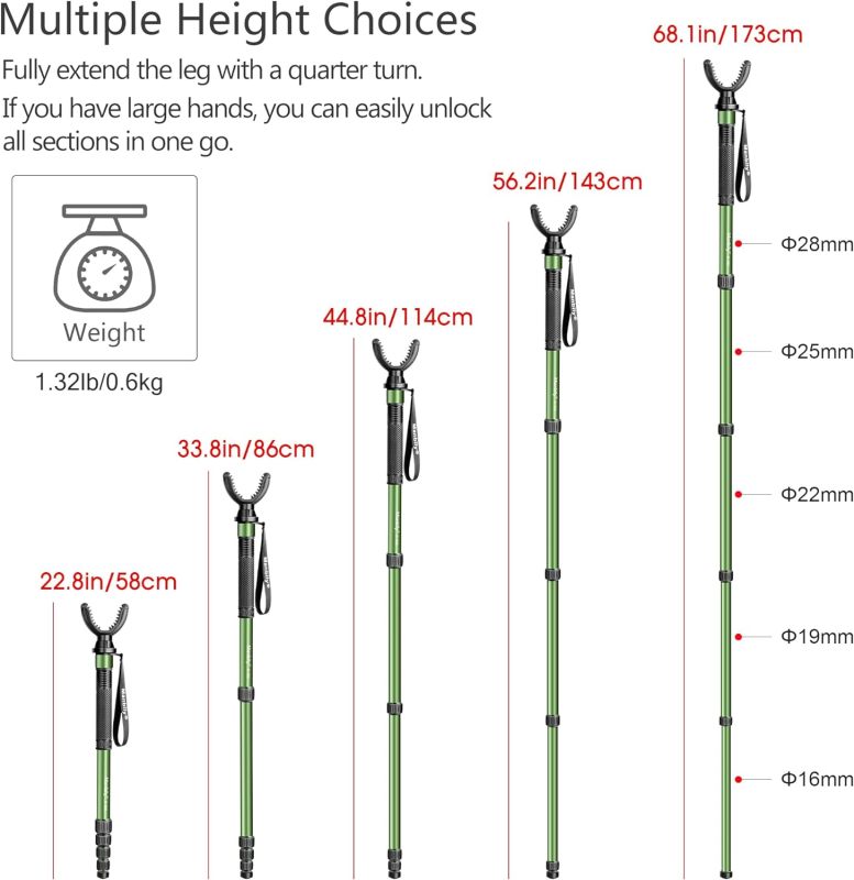 Manbily Shooting Monopod for Hunting, Aluminum Stand with U Shaped Rest Head and Walking Stick Handle, up to 68 inch-Green (No Base)