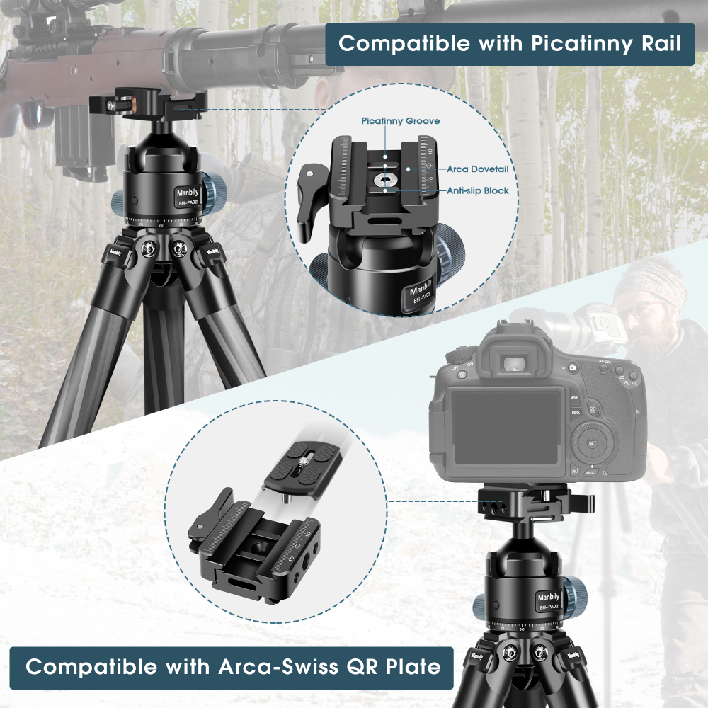 Manbily WZ-324PA Tripod for Shooting & Camera with Picatinny to Arca Swiss Adapter 360° Ball Head Set for Hunting