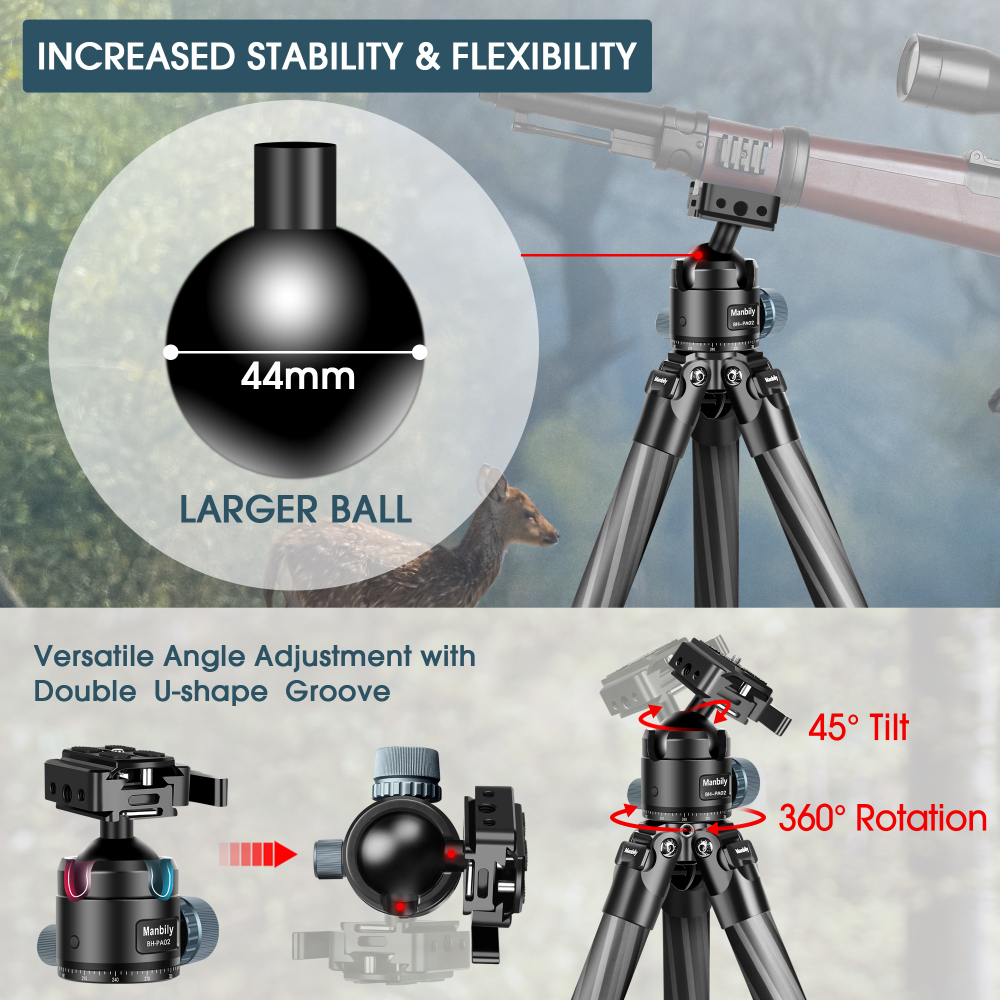 Manbily BH-PA02 360° Ball Head for Shooting & Camera with Picatinny to Arca Swiss Adapter, 44mm Large Ball, 44lbs Load Capacity