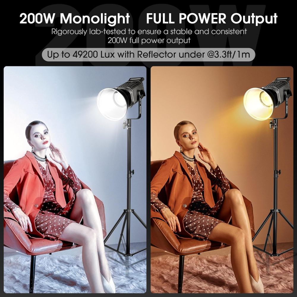 Manbily CFL-200Bi 200W Bi-Color COB LED Video Light, Continuous Output Lighting Metal Monolight with Bowens Mount, APP Control, 49200Lux 1M, 3000K-6500K, CRI≥97, TLCI≥98, 12 Scenes for Livestreaming