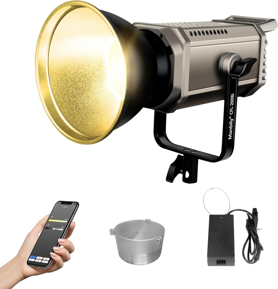 Manbily CFL-200Bi 200W Bi-Color COB LED Video Light, Continuous Output Lighting Metal Monolight with Bowens Mount, APP Control, 49200Lux 1M, 3000K-6500K, CRI≥97, TLCI≥98, 12 Scenes for Livestreaming