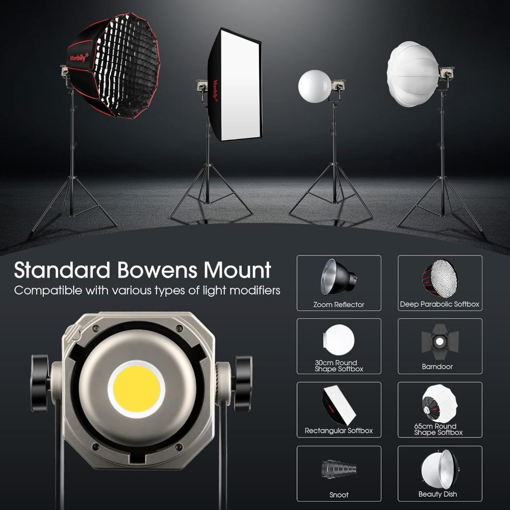 Manbily CFL-200Bi 200W Bi-Color COB LED Video Light, Continuous Output Lighting Metal Monolight with Bowens Mount, APP Control, 49200Lux 1M, 3000K-6500K, CRI≥97, TLCI≥98, 12 Scenes for Livestreaming