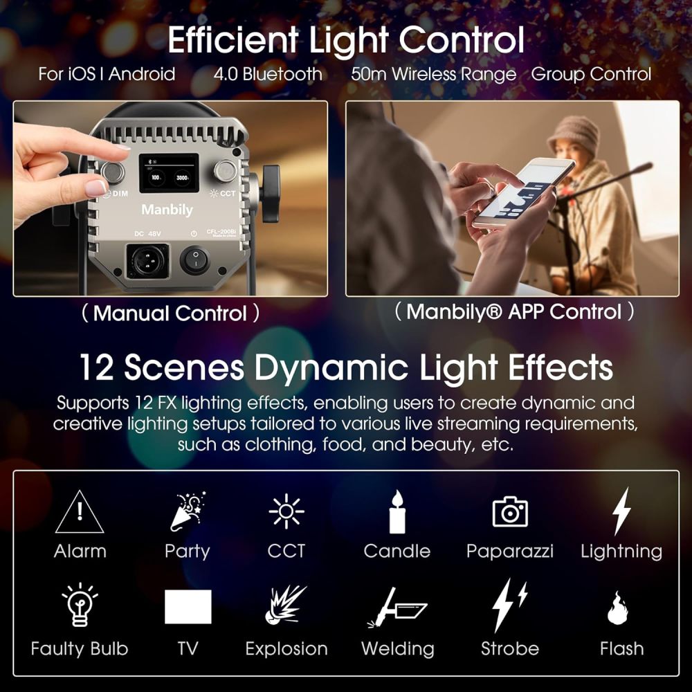 Manbily CFL-200Bi 200W Bi-Color COB LED Video Light, Continuous Output Lighting Metal Monolight with Bowens Mount, APP Control, 49200Lux 1M, 3000K-6500K, CRI≥97, TLCI≥98, 12 Scenes for Livestreaming