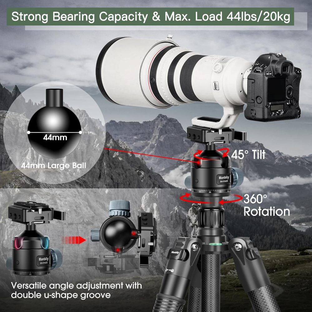 Manbily Camera Tripod, Carbon Fiber Tripod with 44mm Low Profile Ball Head, Heavy Duty Stable Camera Stand Detachable Monopod, 36mm Max Leg Tube, Max Load 44lbs/20kg (MC-364)