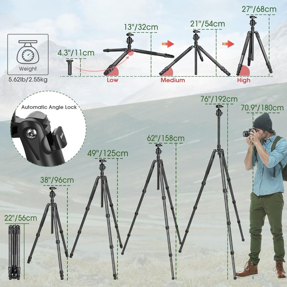 Manbily Camera Tripod, Carbon Fiber Tripod with 44mm Low Profile Ball Head, Heavy Duty Stable Camera Stand Detachable Monopod, 36mm Max Leg Tube, Max Load 44lbs/20kg (MC-364)