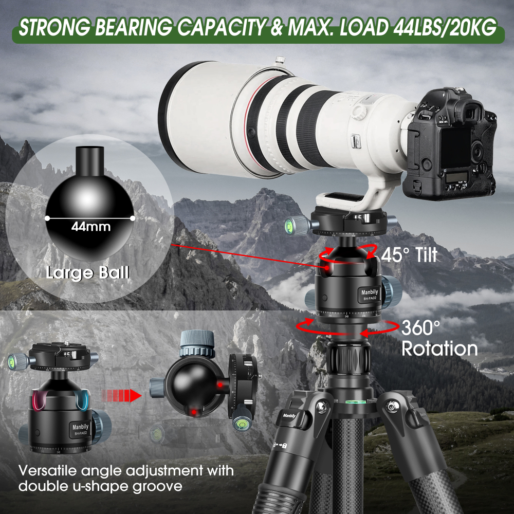 Manbily MC-324 Carbon Fiber Camera Tripod of 32mm Tube with 44mm 360° Panorama Ball Head to Acra Swiss for Photography