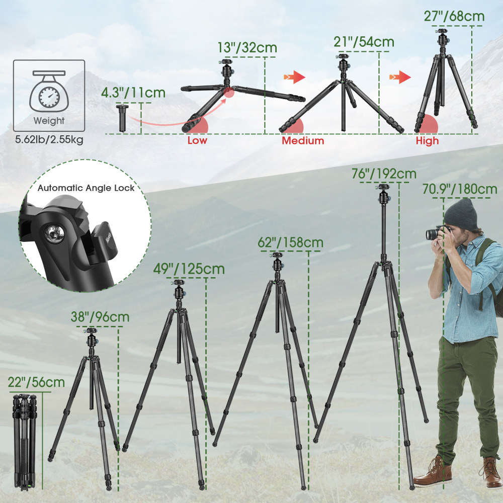 Manbily MC-324 Carbon Fiber Camera Tripod of 32mm Tube with 44mm 360° Panorama Ball Head to Acra Swiss for Photography