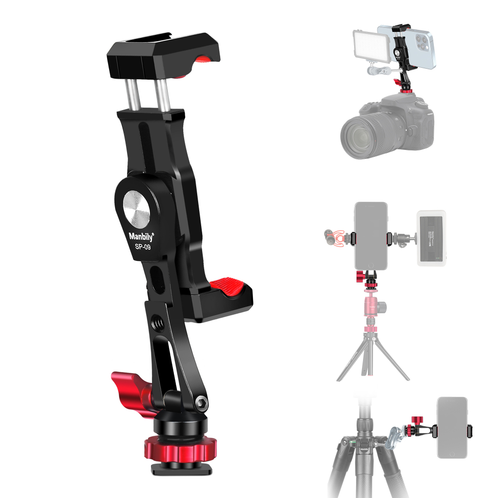 Manbily SP-09 Aluminum Alloy Phone Holder for Camera, Tripod, Clamping width of 6.7cm-10.1cm with Cold Shoe & 1/4 Inch Thread Hole