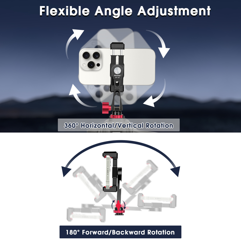 Manbily SP-09 Aluminum Alloy Phone Holder for Camera, Tripod, Clamping width of 6.7cm-10.1cm with Cold Shoe & 1/4 Inch Thread Hole