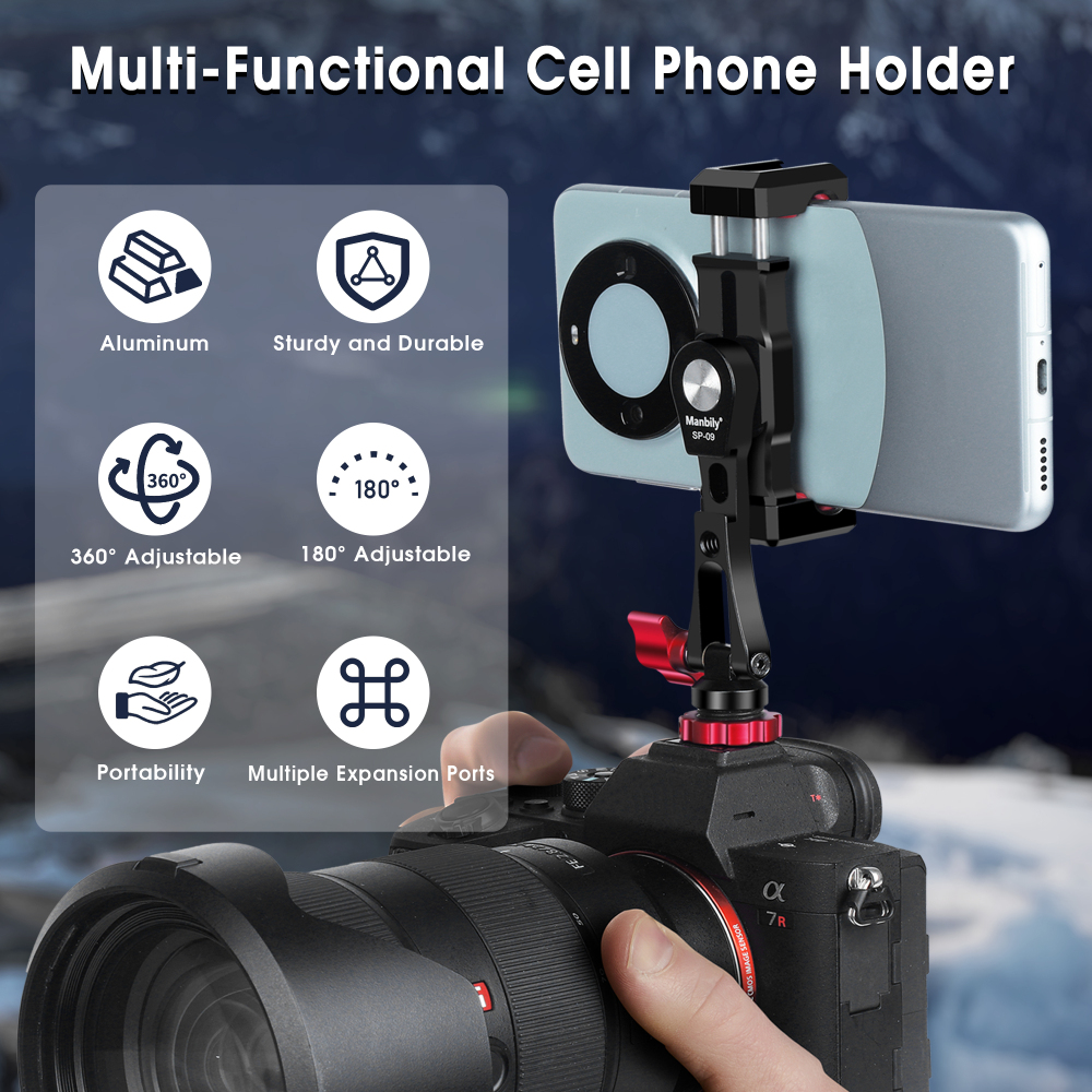 Manbily SP-09 Aluminum Alloy Phone Holder for Camera, Tripod, Clamping width of 6.7cm-10.1cm with Cold Shoe & 1/4 Inch Thread Hole