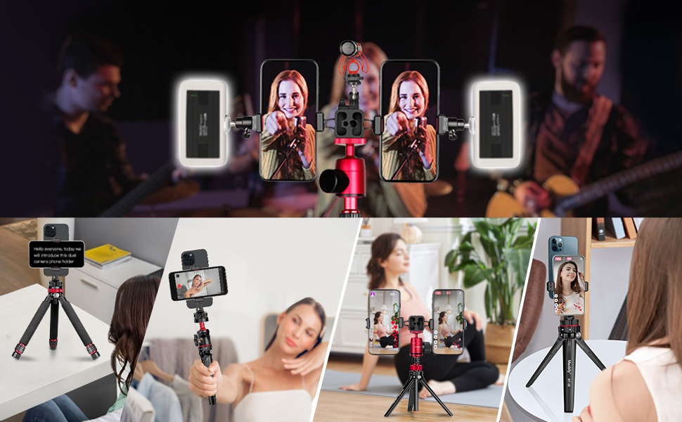 BigKing Dual Clips Phone Holder, Phone Holder Dual Sides Two Position, Dual Tripod Mount Adapter, Mini Desktop Tripod Phone Stand Mount With 1/4inch Screws For Video Live Streaming - View #2