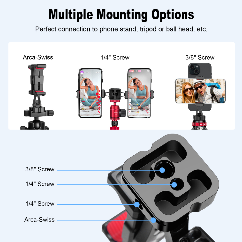 Manbily Dual Cell Phone Hold for Tripod , 1/4”, 3/8”, Acra Swiss with Cold Shoe Expansion Port SP-12