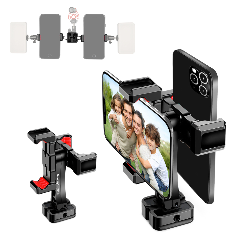 Manbily Dual Cell Phone Hold for Tripod , 1/4”, 3/8”, Acra Swiss with Cold Shoe Expansion Port SP-12