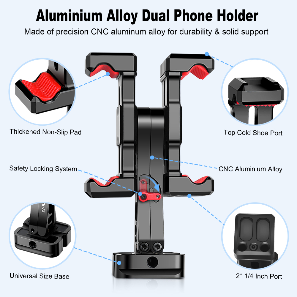 Manbily Dual Cell Phone Hold for Tripod , 1/4”, 3/8”, Acra Swiss with Cold Shoe Expansion Port SP-12