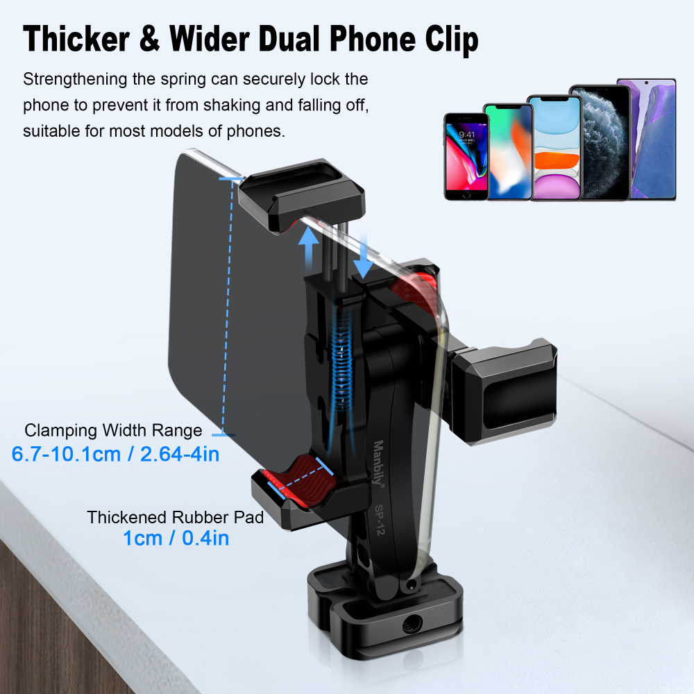 Manbily Dual Cell Phone Hold for Tripod , 1/4”, 3/8”, Acra Swiss with Cold Shoe Expansion Port SP-12