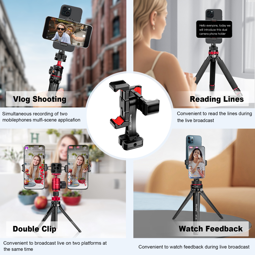 Manbily Dual Cell Phone Hold for Tripod , 1/4”, 3/8”, Acra Swiss with Cold Shoe Expansion Port SP-12