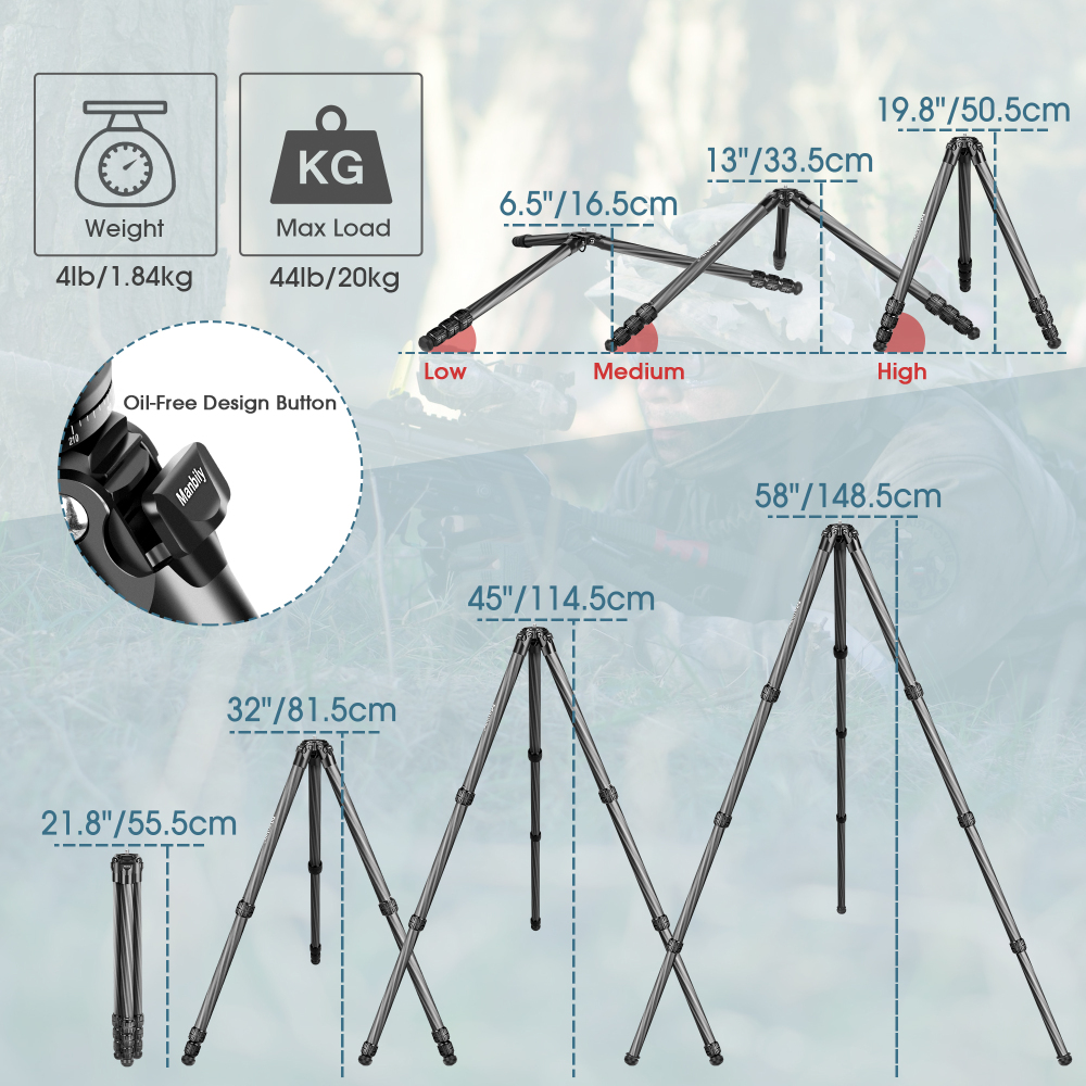 Manbily WZ-324 Carbon Fiber Tripod, 32mm Tube, Max. Load 44lbs/20kg