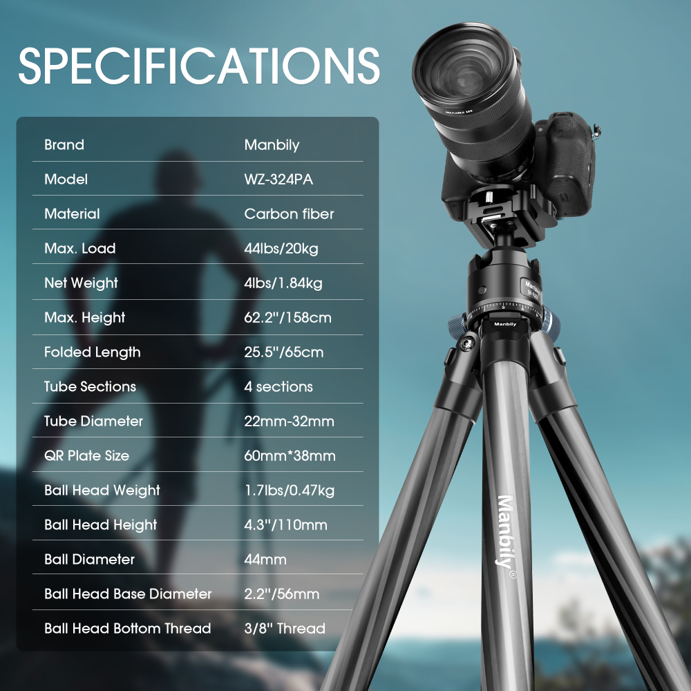Manbily WZ-324PA Tripod 32mm Tube for Shooting & Camera with Picatinny to Arca Swiss Adapter 360° Ball Head for Hunting Photography