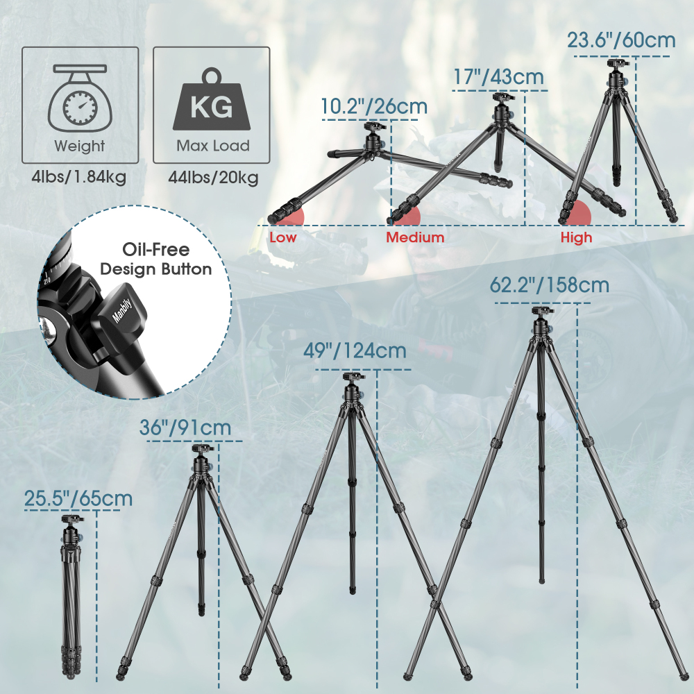 Manbily WZ-324PA Tripod 32mm Tube for Shooting & Camera with Picatinny to Arca Swiss Adapter 360° Ball Head for Hunting Photography