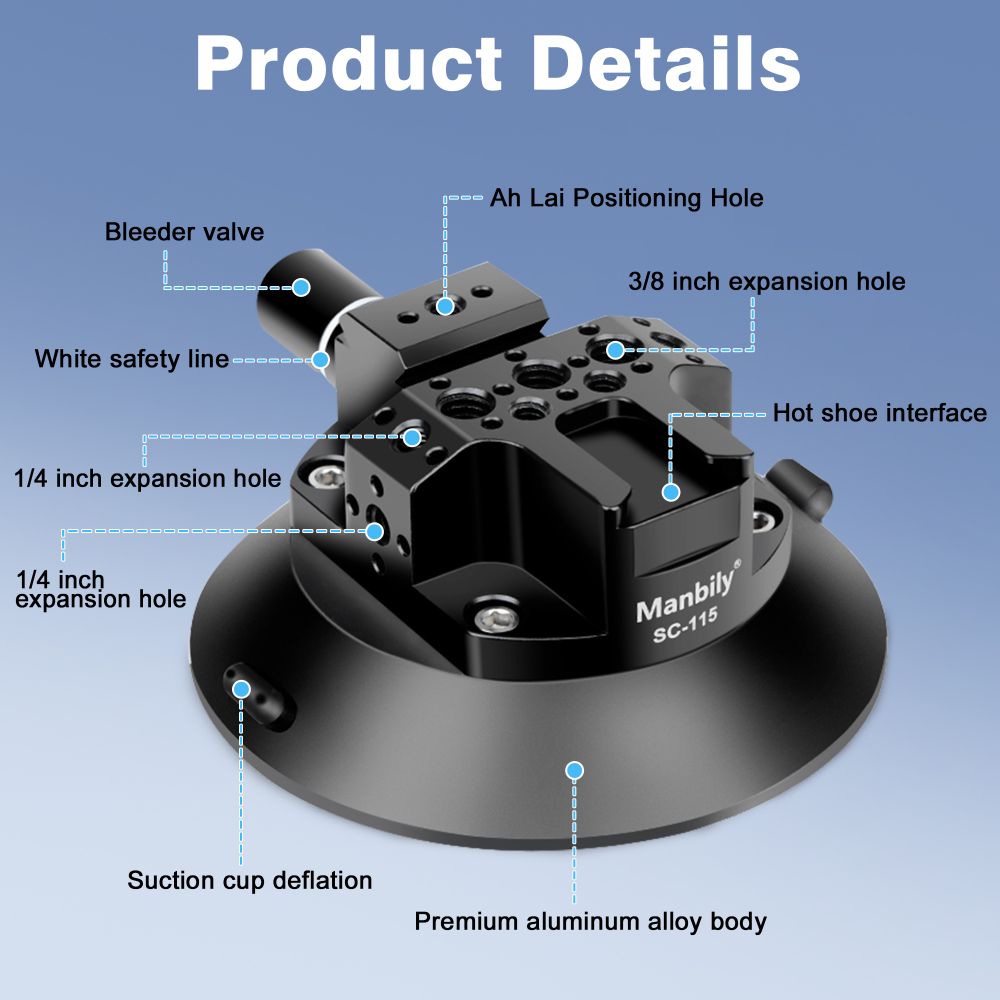 Manbily SC-115, 4.6''Camera Suction Cup Mount, Pump Vacuum Mount with Hot Shoe &  1/4'' 3/8'' Thread Holes, Compatible with Action Cameras,DJI,Osmo Action,Pocket, Camera car mounts