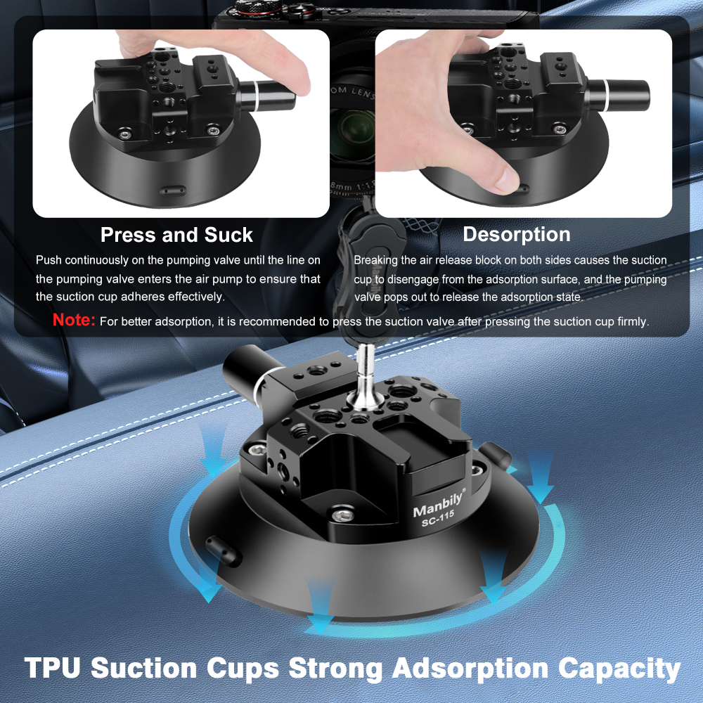 Manbily SC-115, 4.6''Camera Suction Cup Mount, Pump Vacuum Mount with Hot Shoe &  1/4'' 3/8'' Thread Holes, Compatible with Action Cameras,DJI,Osmo Action,Pocket, Camera car mounts