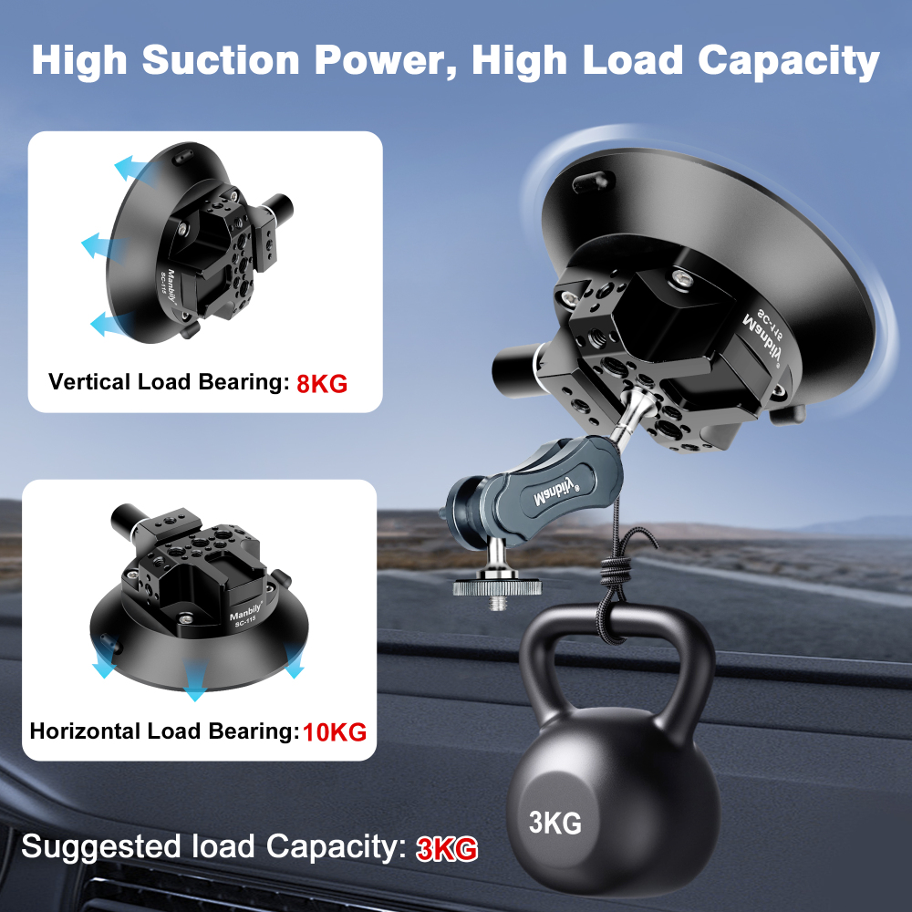 Manbily SC-115, 4.6''Camera Suction Cup Mount, Pump Vacuum Mount with Hot Shoe &  1/4'' 3/8'' Thread Holes, Compatible with Action Cameras,DJI,Osmo Action,Pocket, Camera car mounts