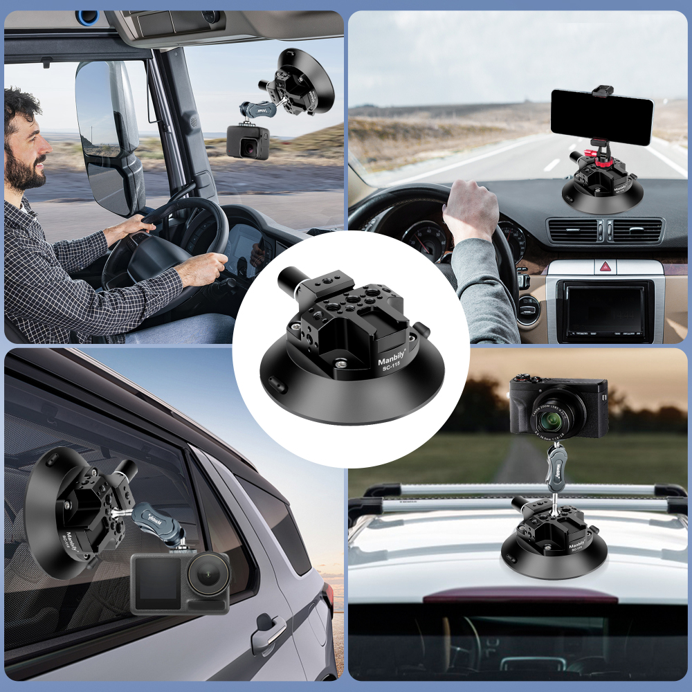 Manbily SC-115, 4.6''Camera Suction Cup Mount, Pump Vacuum Mount with Hot Shoe &  1/4'' 3/8'' Thread Holes, Compatible with Action Cameras,DJI,Osmo Action,Pocket, Camera car mounts