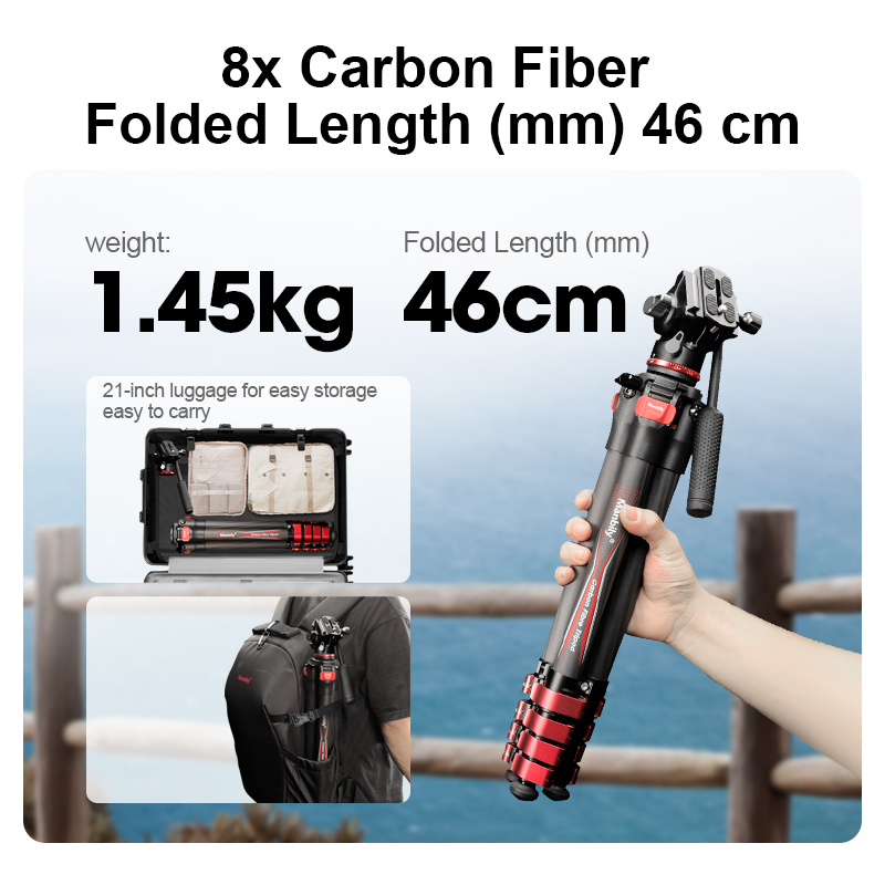 Manbily Camera Carbon fiber Tripod 46-150CM 360° Panorama Fluid Head Tripods Max Load 10KG for DSLR Camcorder Canon Nikon Sony