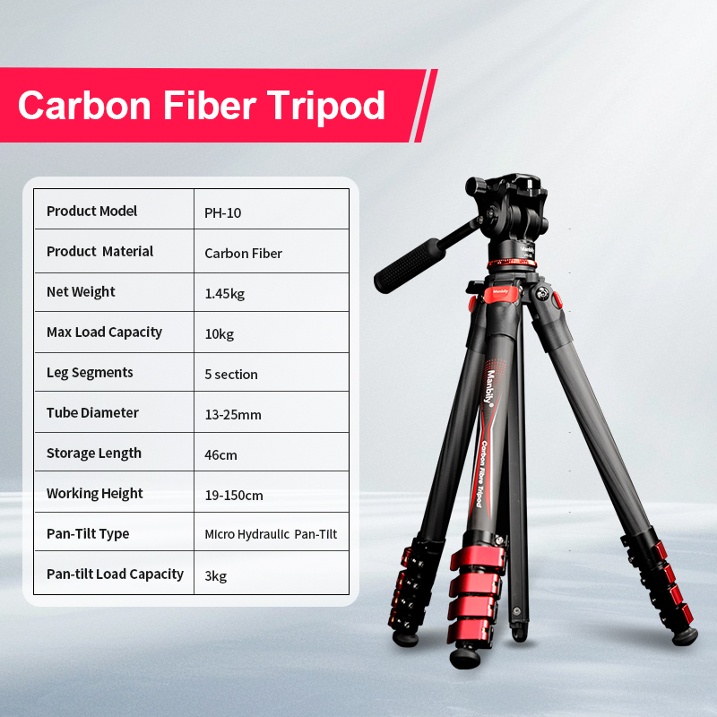Manbily Camera Carbon fiber Tripod 46-150CM 360° Panorama Fluid Head Tripods Max Load 10KG for DSLR Camcorder Canon Nikon Sony