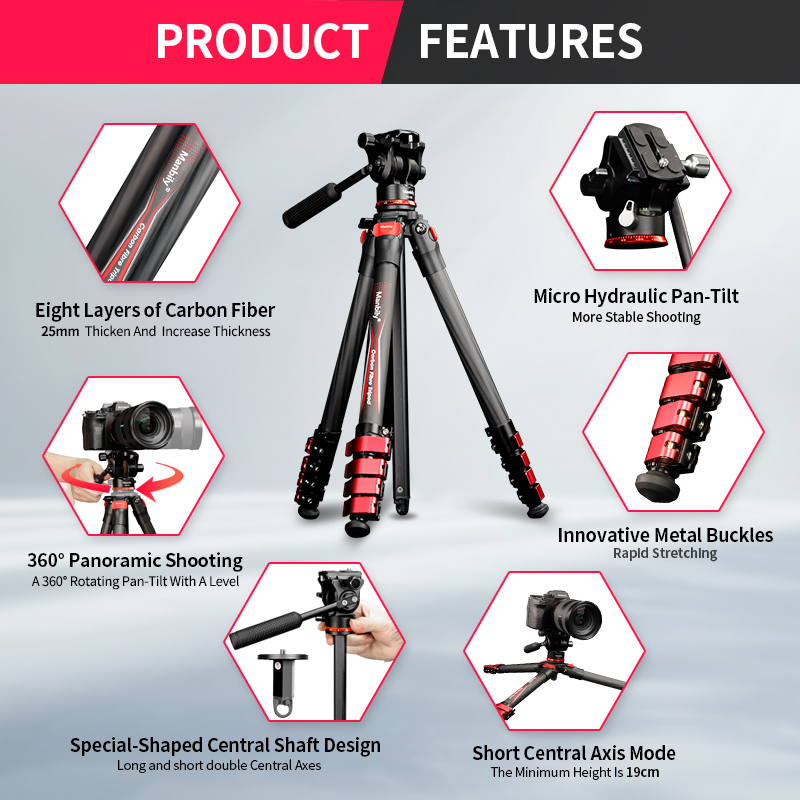 Manbily Camera Carbon fiber Tripod 46-150CM 360° Panorama Fluid Head Tripods Max Load 10KG for DSLR Camcorder Canon Nikon Sony