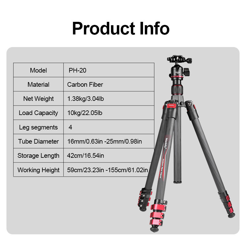 Manbily Camera Carbon fiber Travel Lightweight Tripod PH-20 with Ball Head, Quick Deploy Design with Metal Buckle