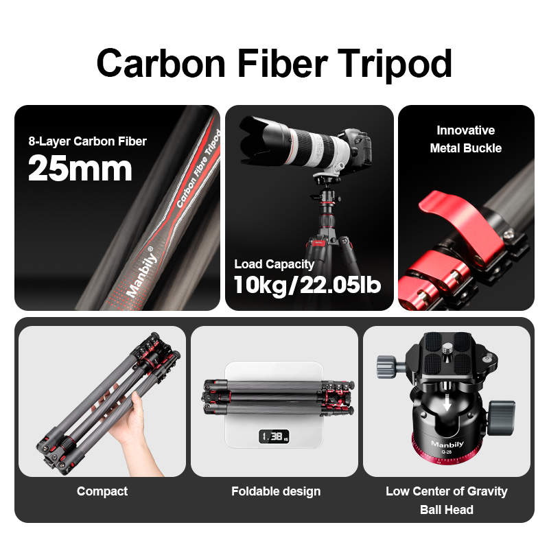Manbily Camera Carbon fiber Travel Lightweight Tripod PH-20 with Ball Head, Quick Deploy Design with Metal Buckle