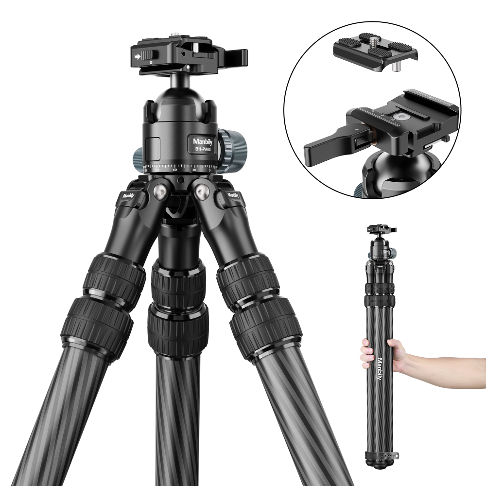 Manbily WZ-2836 Inverted Tripod,63″ Tall, Carbon Fiber Tripod with 44mm Araca-Picatinny Ball head, 36mm max tube,3 segments