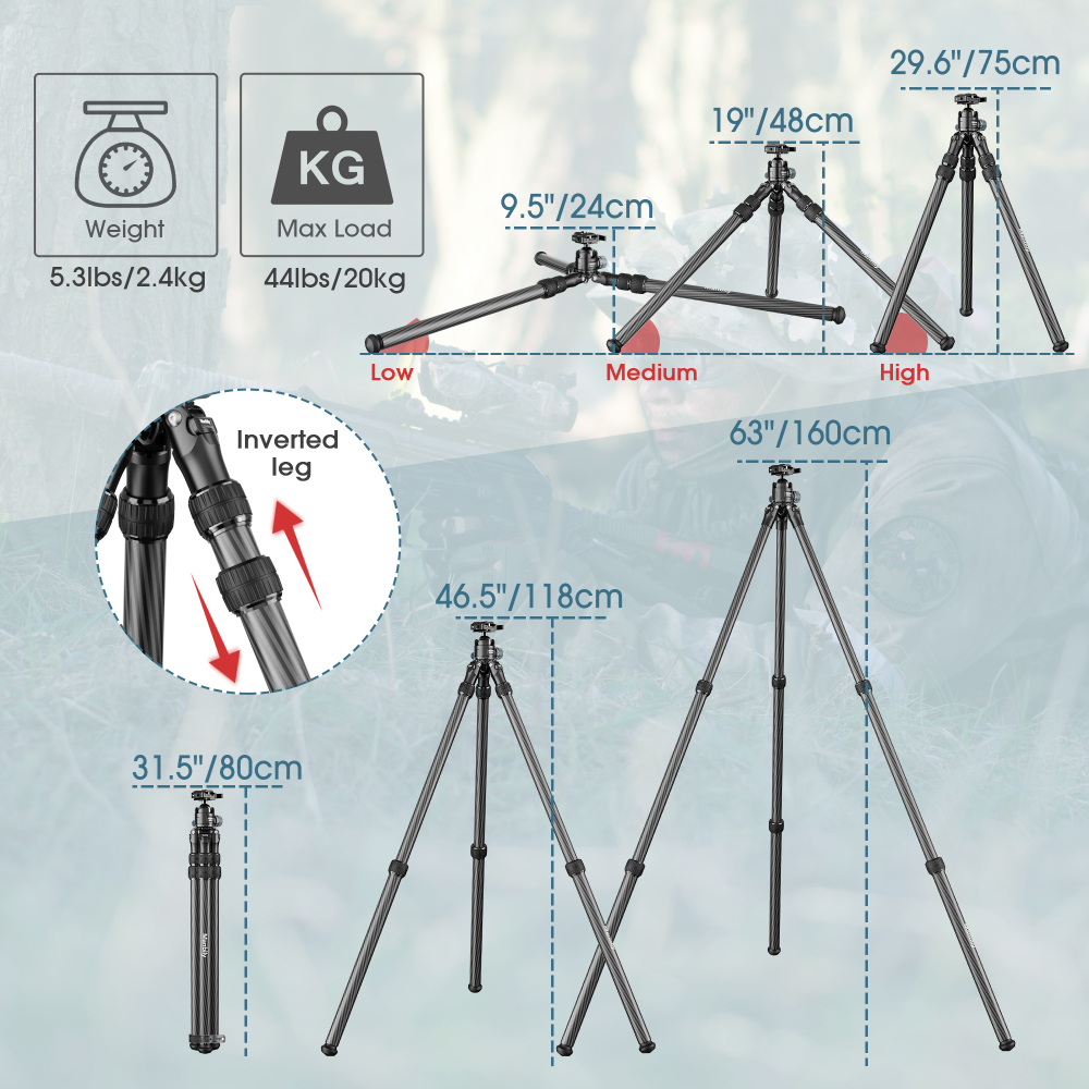 Manbily WZ-2836 Inverted Tripod,63″ Tall, Carbon Fiber Tripod with 44mm Araca-Picatinny Ball head, 36mm max tube,3 segments