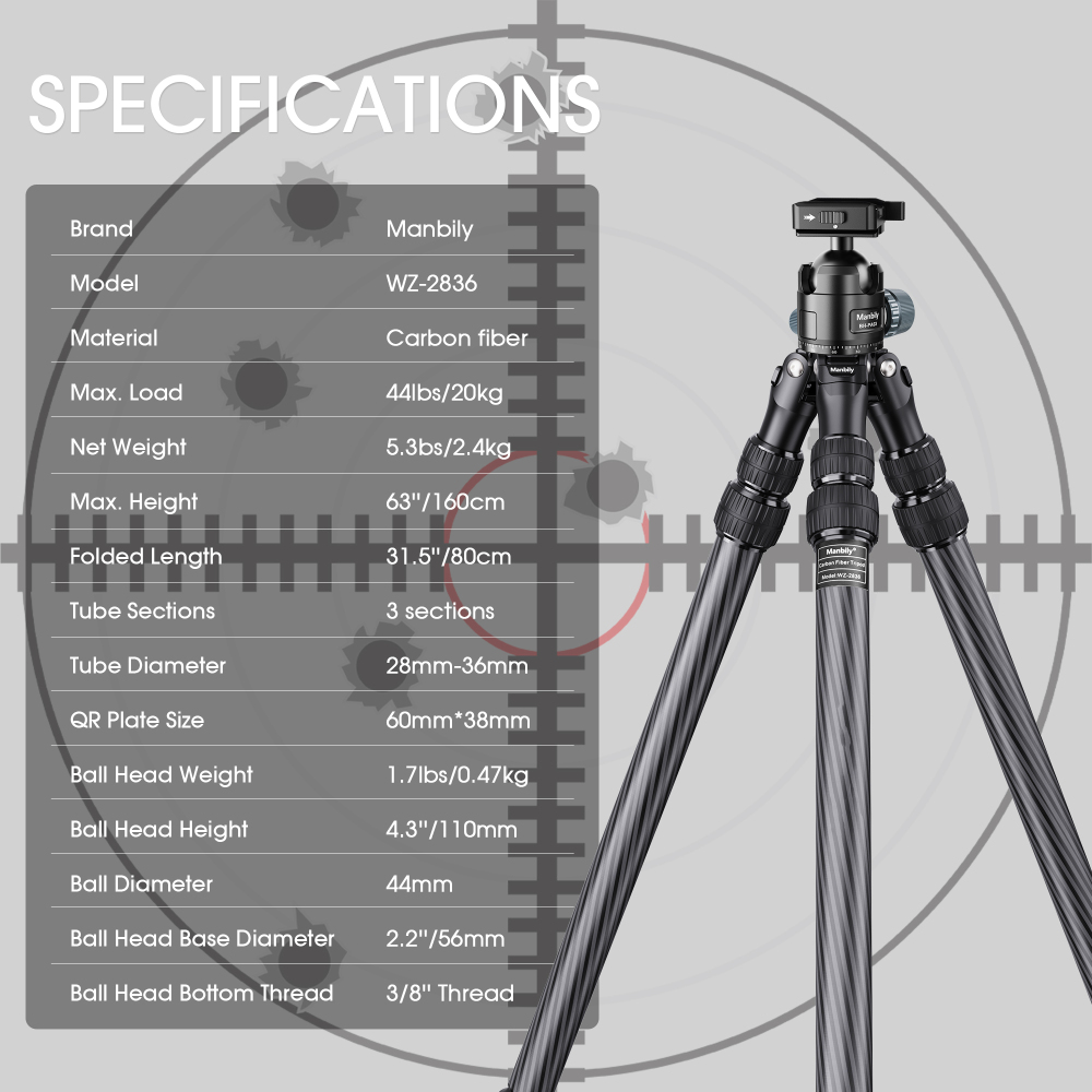 Manbily WZ-2836 Inverted Tripod,63″ Tall, Carbon Fiber Tripod with 44mm Araca-Picatinny Ball head, 36mm max tube,3 segments