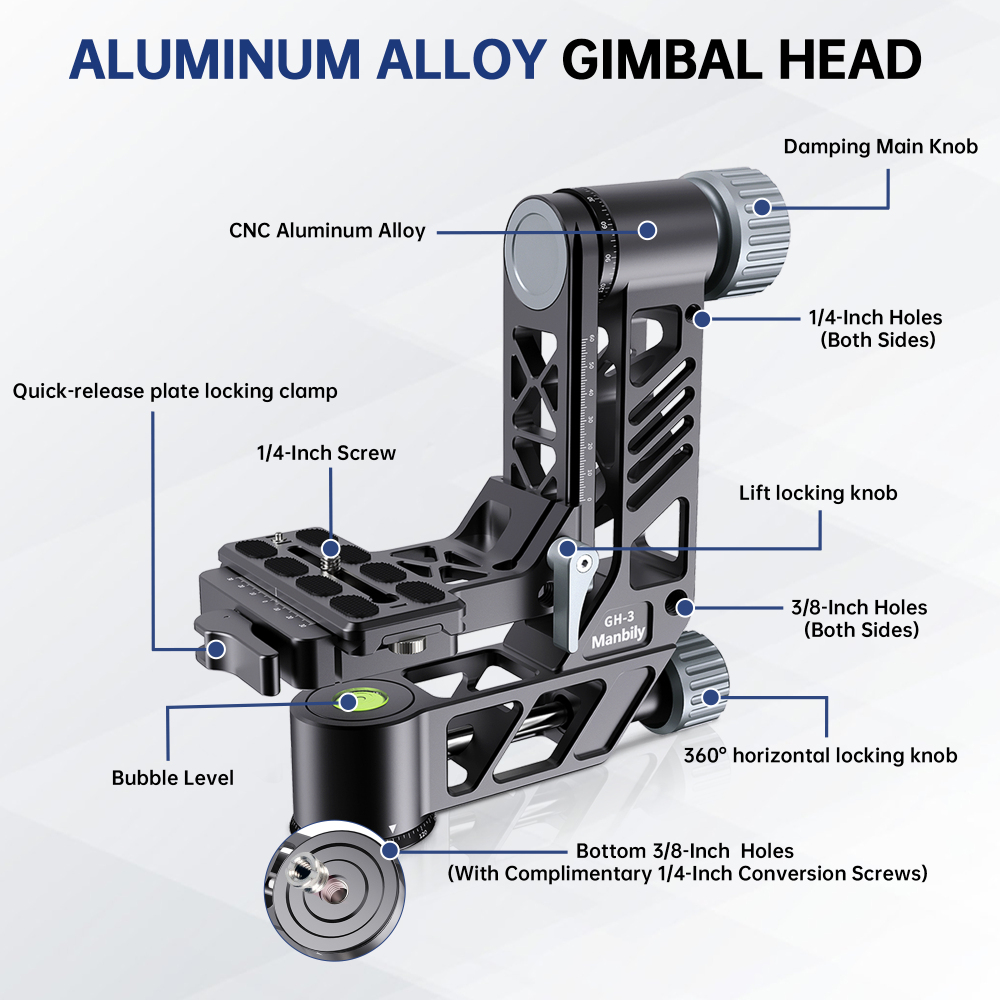 Manbily GH-3 Panoramic Gimbal Tripod Head 360 Degree Tripod Heads for DSLR Camera with Quick Release Lever Lock