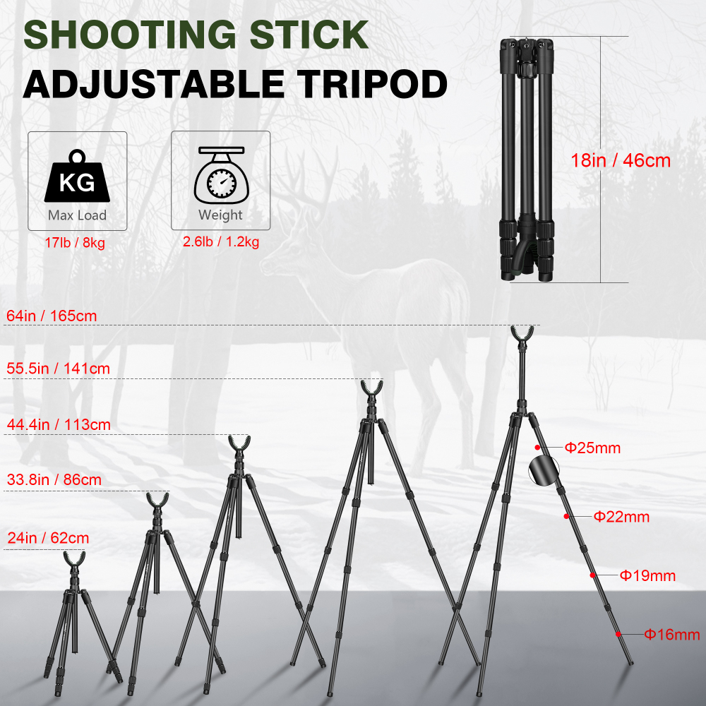 Manbily Hunting Tripod Aluminum for Rifle with U V Yoke Head Rest 360° Rotating, 64in Shooting Stick, 25mm Leg Tube (MA-254G)