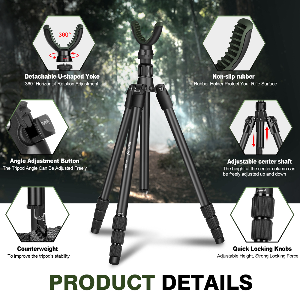 Manbily Hunting Tripod Aluminum for Rifle with U V Yoke Head Rest 360° Rotating, 64in Shooting Stick, 25mm Leg Tube (MA-254G)