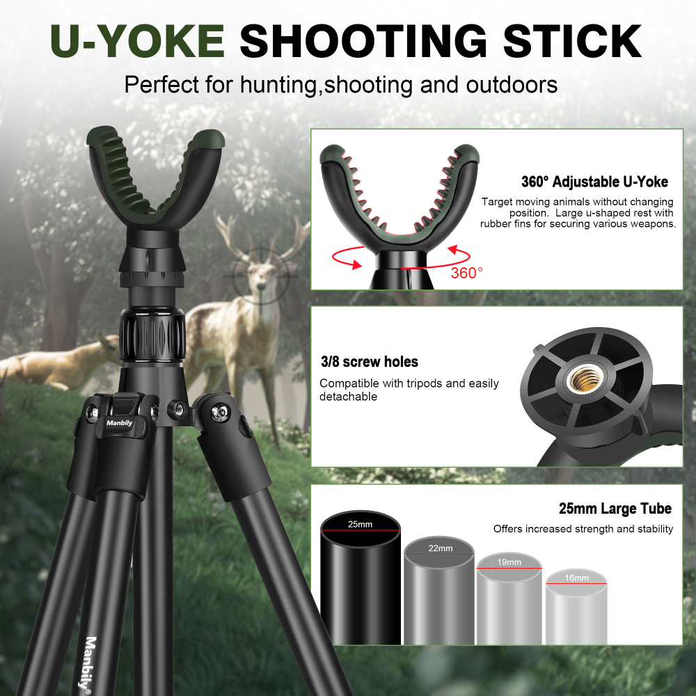 Manbily Hunting Tripod Aluminum for Rifle with U V Yoke Head Rest 360° Rotating, 64in Shooting Stick, 25mm Leg Tube (MA-254G)