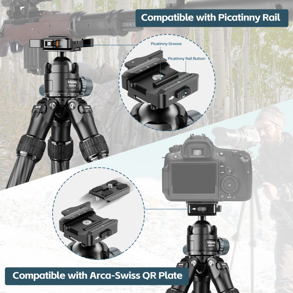 Manbily WZ-2836 Carbon Fiber Inverted Tripod, 64in 32mm Max Tube, with 44mm Ball Head, Arca Swiss & Picatinny Adapter, 2 Sections