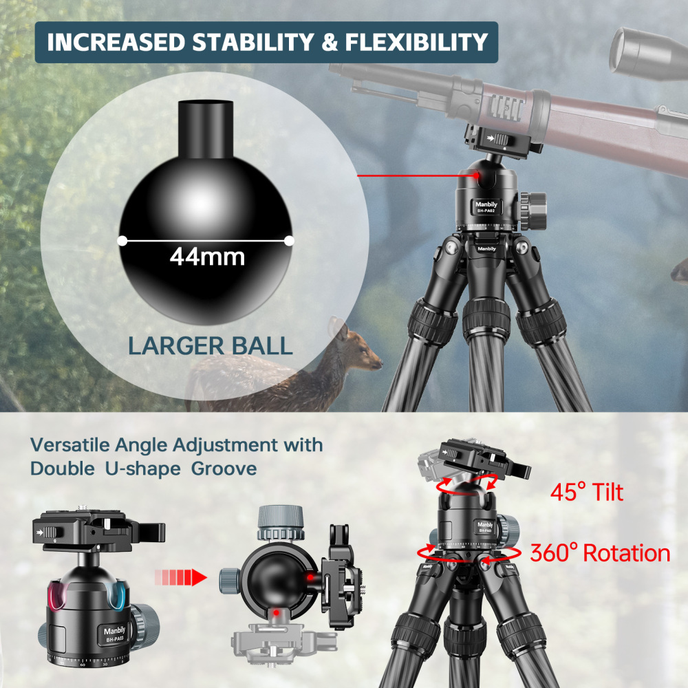 Manbily WZ-2836 Carbon Fiber Inverted Tripod, 64in 32mm Max Tube, with 44mm Ball Head, Arca Swiss & Picatinny Adapter, 2 Sections