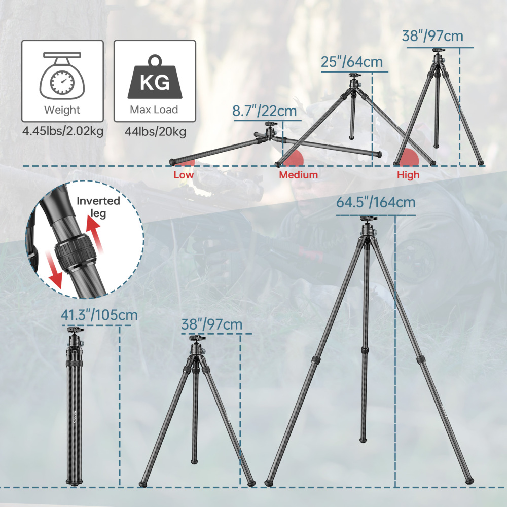 Manbily WZ-2836 Carbon Fiber Inverted Tripod, 64in 32mm Max Tube, with 44mm Ball Head, Arca Swiss & Picatinny Adapter, 2 Sections