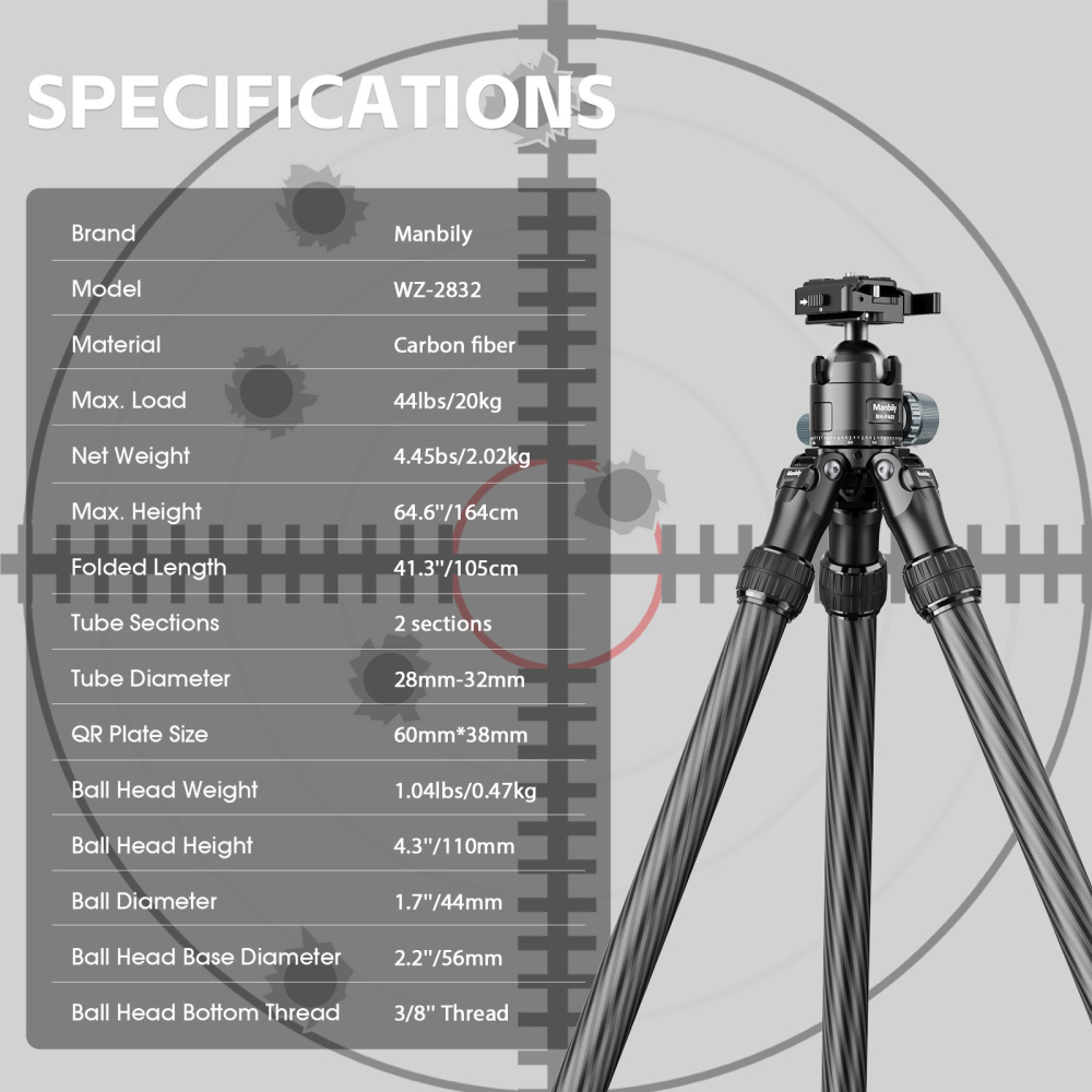 Manbily WZ-2836 Carbon Fiber Inverted Tripod, 64in 32mm Max Tube, with 44mm Ball Head, Arca Swiss & Picatinny Adapter, 2 Sections