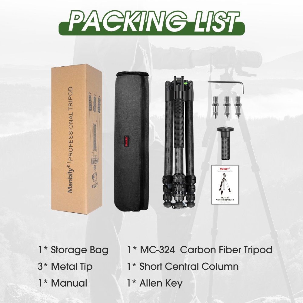 Manbily MC-324 Carbon Fiber Camera Tripod of 32mm Tube with 44mm 360° Panorama Ball Head to Acra Swiss for Photography