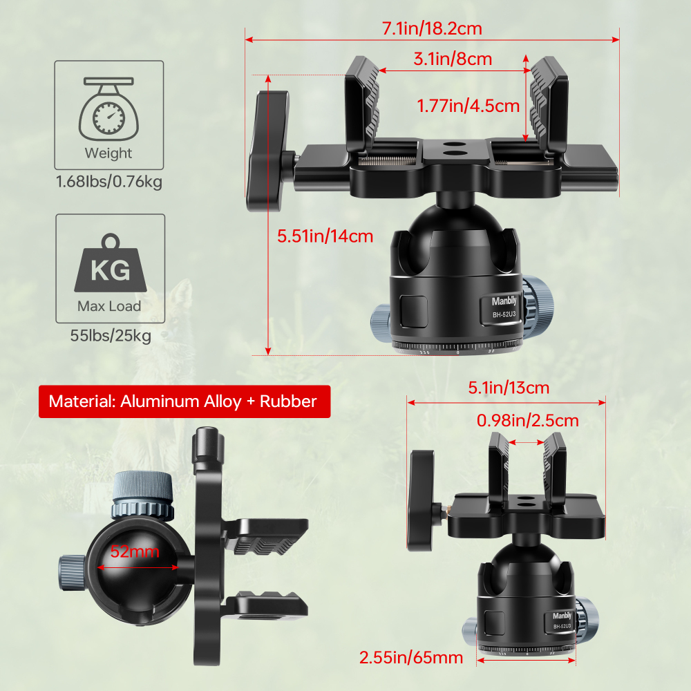 Manbily BH-52U3 Shooting Saddle with 360° Ball Head, 52mm Diameter Large Ball, 55lbs Load Capacity(* The Clamp Can't Be Removed)