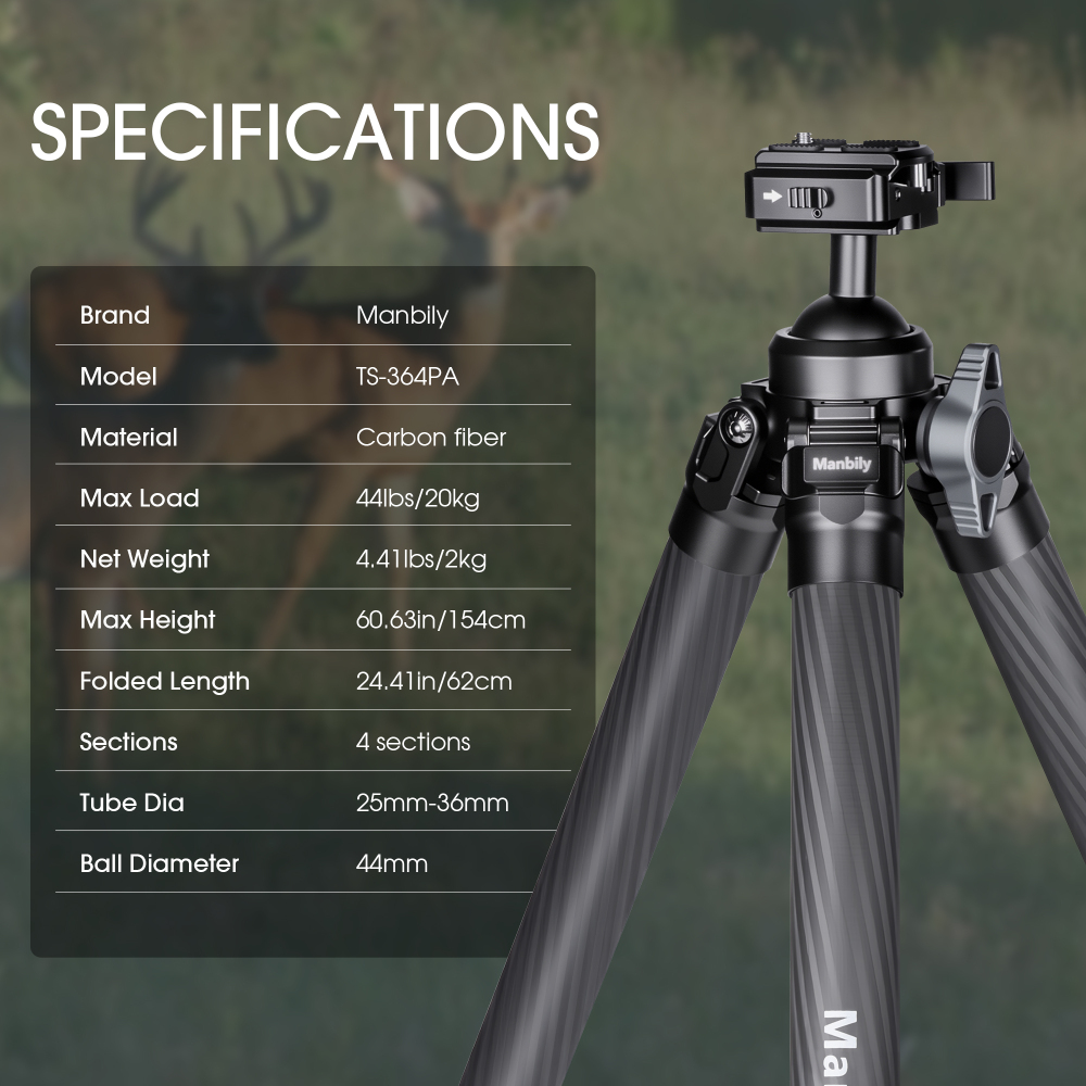 Manbily TS-364PA Carbon Fiber Hunting Tripod, 36mm Max Tube, with 44mm Buil-in Ball Head, Arca Swiss & Picatinny Adapter