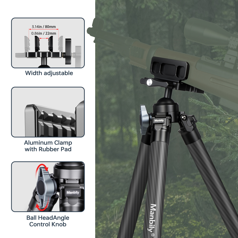 Manbily TS-364U3 Carbon Fiber Hunting Tripod with saddle clamp, 36mm Tube, 44mm Diameter Ball, Max Load 44 lbs/20k