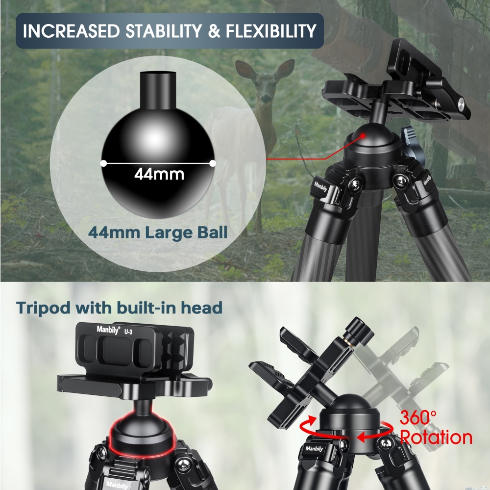 Manbily TS-364U3 Carbon Fiber Hunting Tripod with saddle clamp, 36mm Tube, 44mm Diameter Ball, Max Load 44 lbs/20k